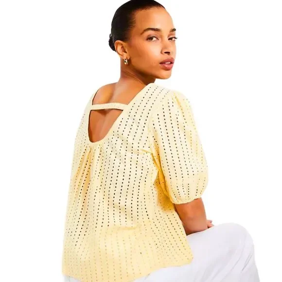 New Loft Eyelet Cutout Back Bubble Sleeve Top Butter Yellow - Picture 11 of 14